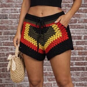 Womens Crochet Granny Square Shorts Size Medium Black Red Yellow Drawstring Boho